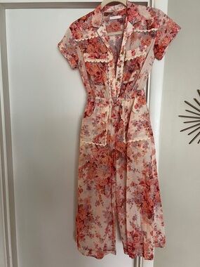 Zimmermann Pink and Coral Floral Tie-Waist Midi Dress